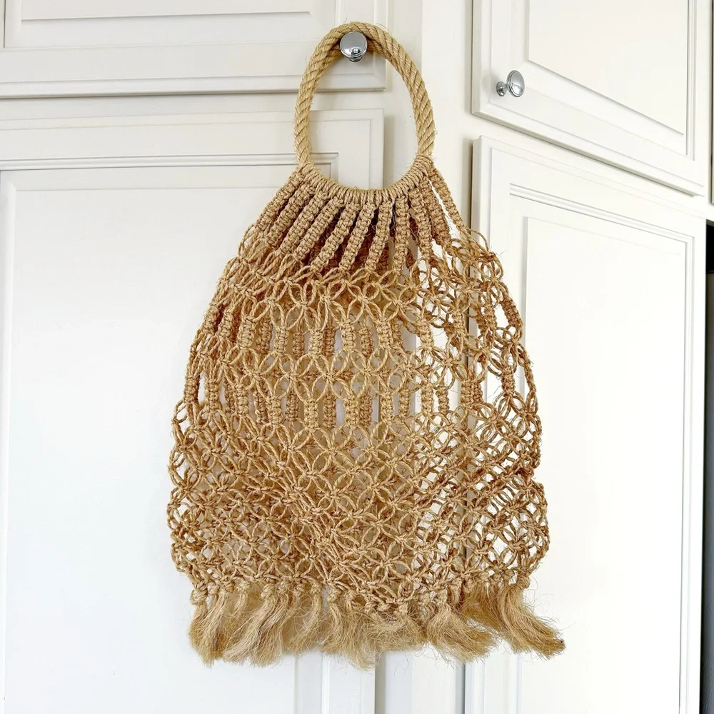 Handmade Hollow Out Macramé Beach Jute Woven Tote Bag Farmers Market Bag